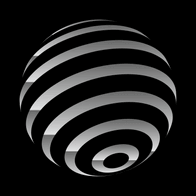 3D sphere design with alternating black and silver stripes representing innovation and global presence.