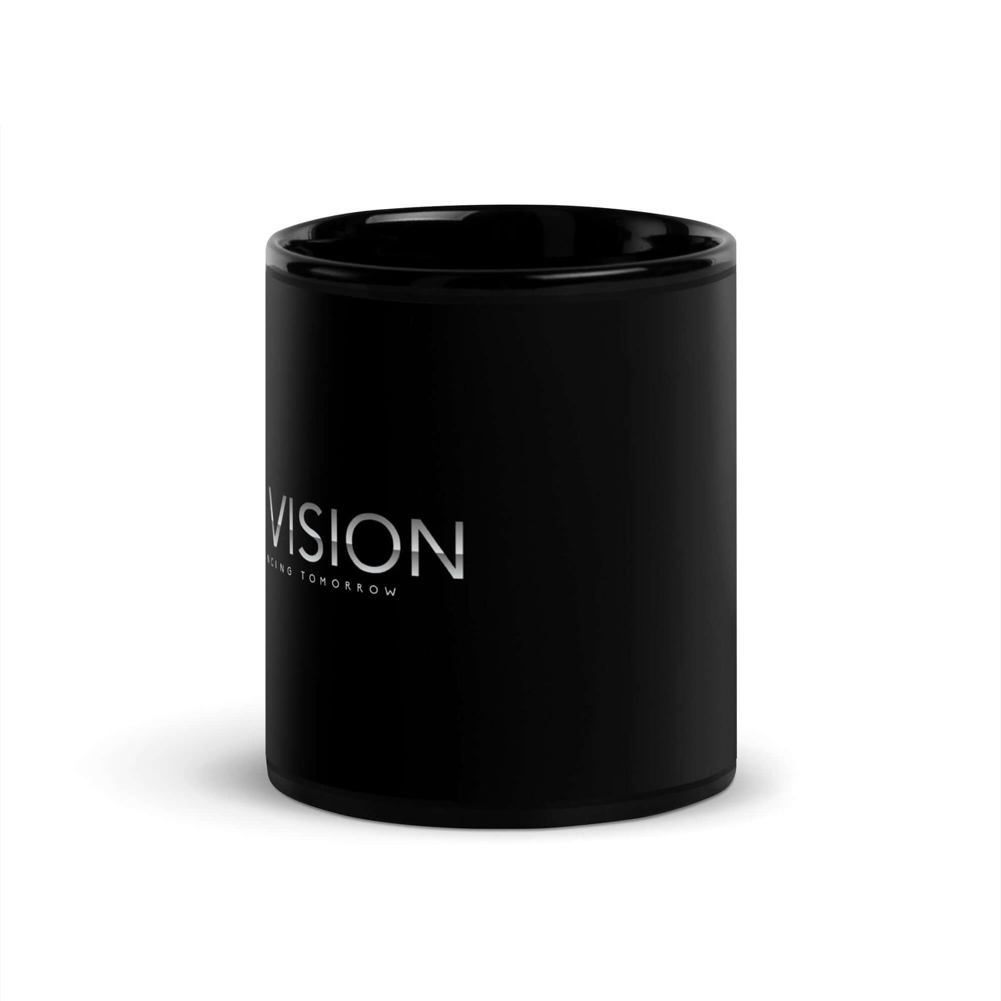 4 Vision Signature Ceramic Mug in glossy black with sleek logo, perfect for eyewear and fashion accessories.