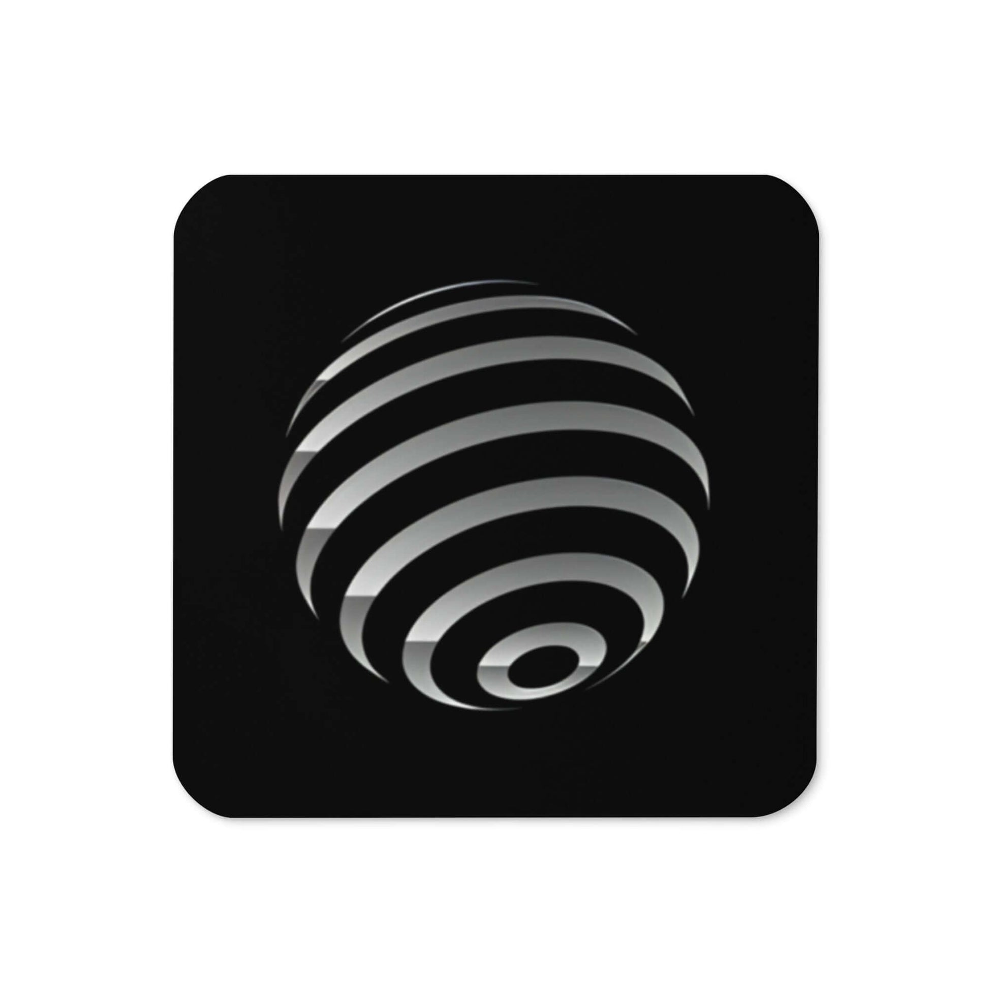 4 Vision Cork-Back Coaster featuring a sleek design with a striped sphere pattern, perfect for coffee or tea rituals.