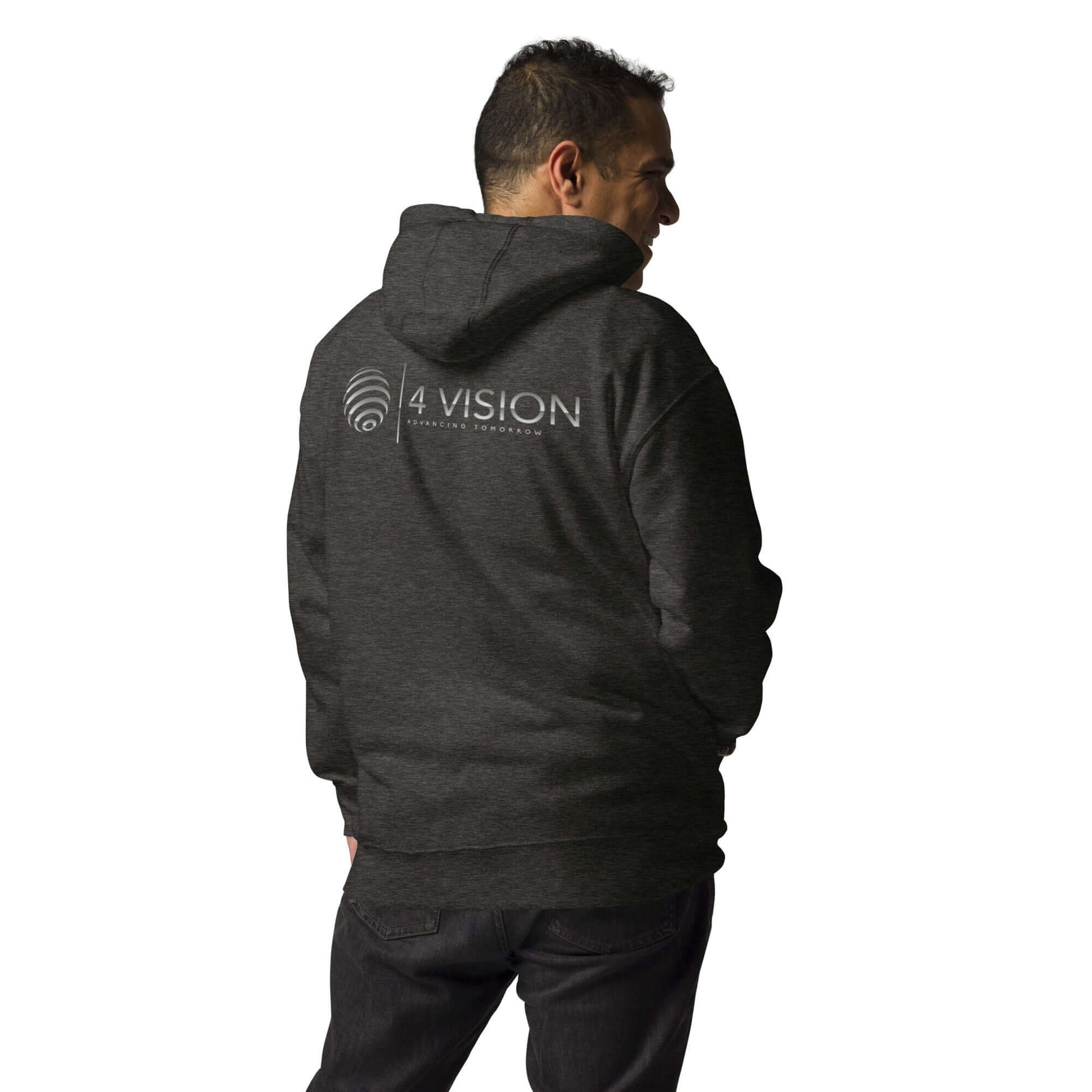 4 Vision Premium Streetwear Hoodie – Classic Fit with Pouch Pocket worn by man from the back, showcasing style and comfort.
