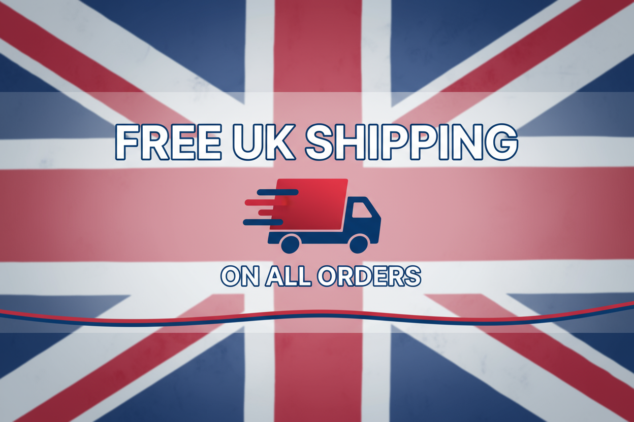 Free UK shipping on all orders graphic featuring UK flag and delivery truck illustration.