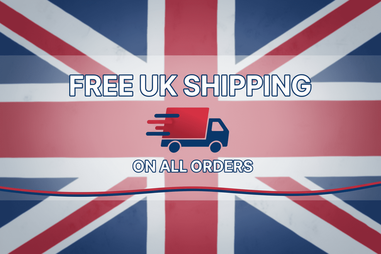 Free UK shipping on all orders graphic featuring UK flag and delivery truck illustration.