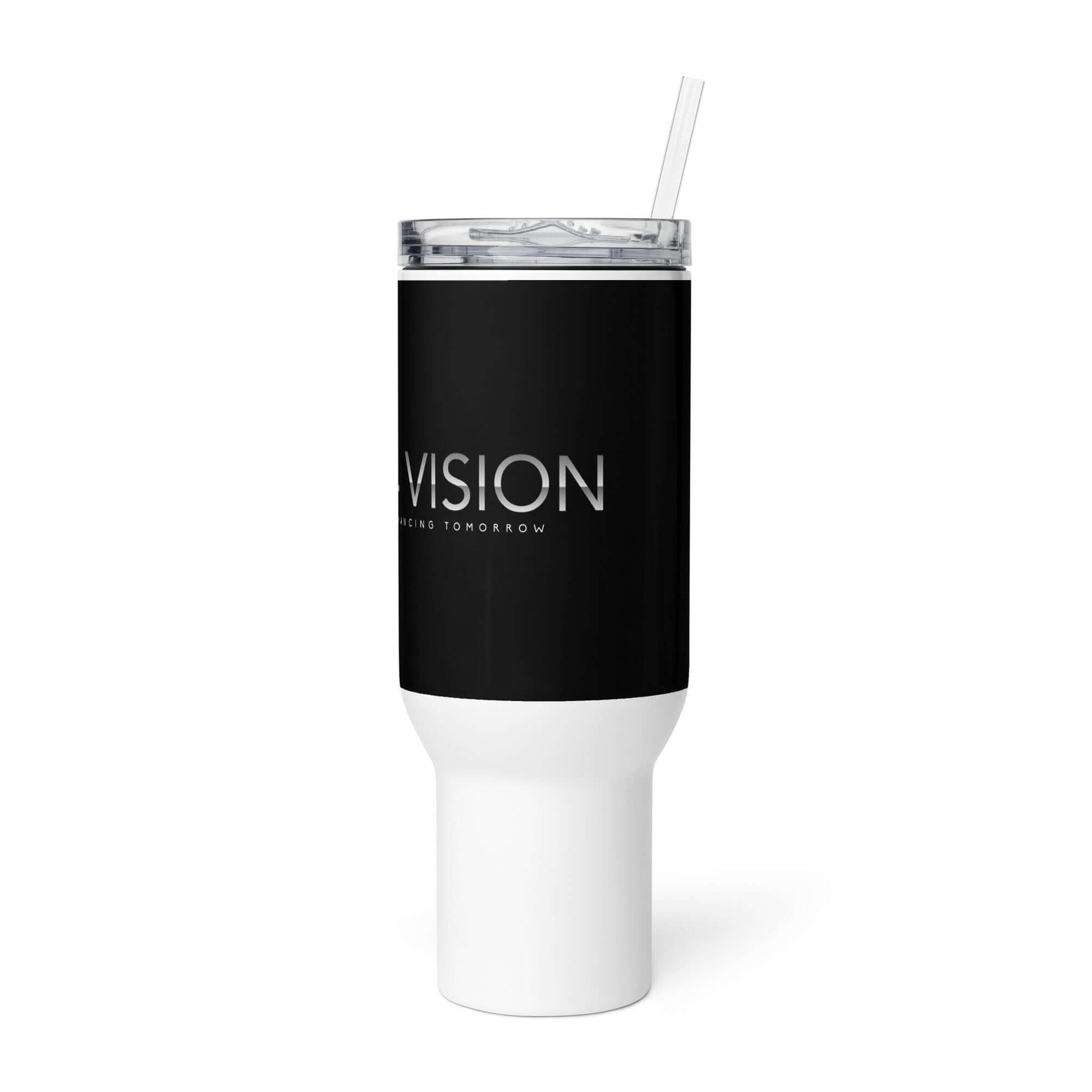 4 Vision Stainless Steel Travel Mug in sleek black design with straw, ideal for on-the-go sipping and style.