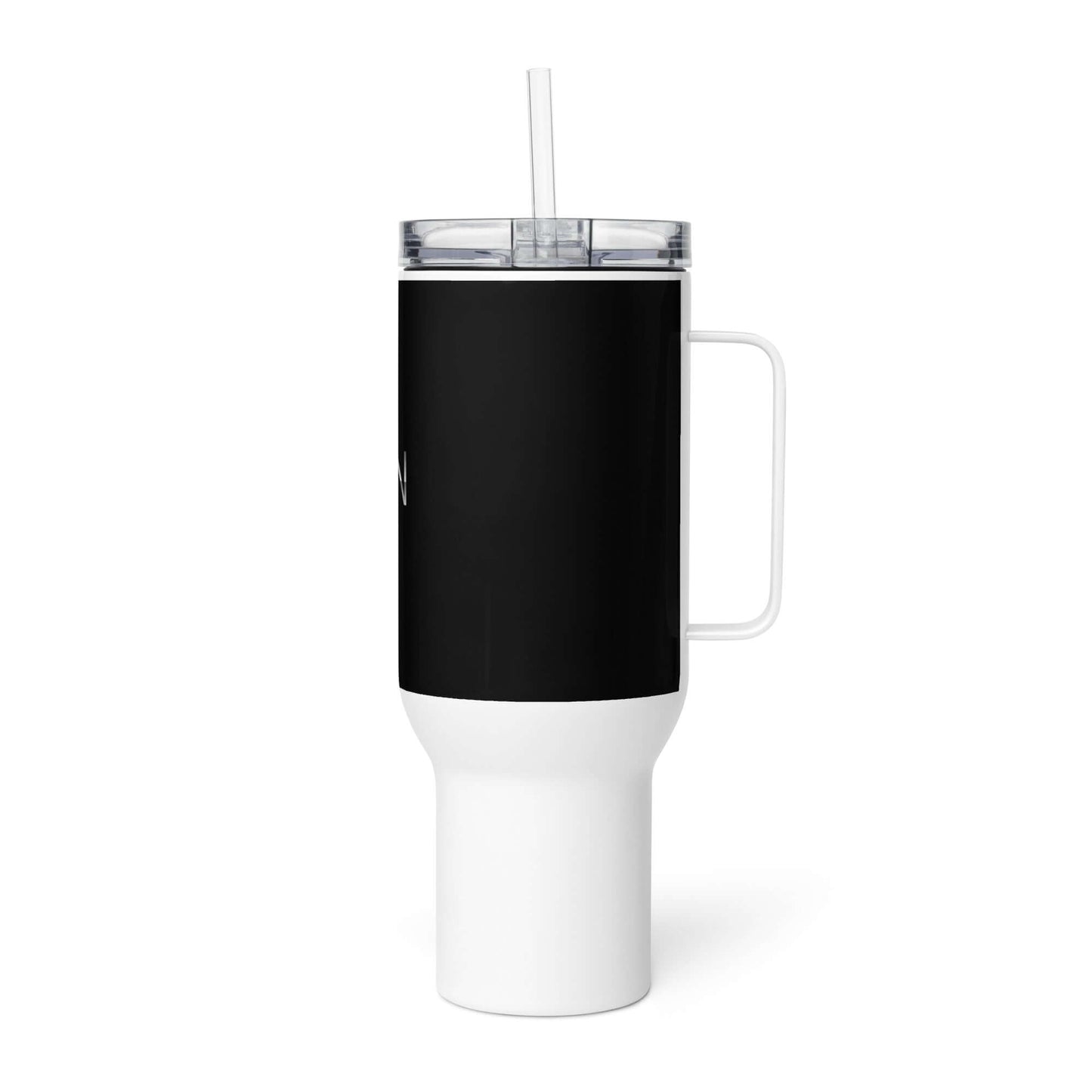 4 Vision Stainless Steel Travel Mug with a sleek black design and clear lid, perfect for eywear and fashion accessories.