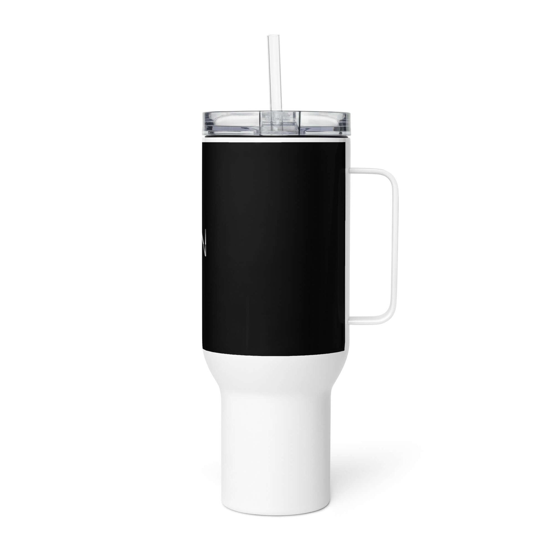 4 Vision Stainless Steel Travel Mug with a sleek black design and clear lid, perfect for eywear and fashion accessories.