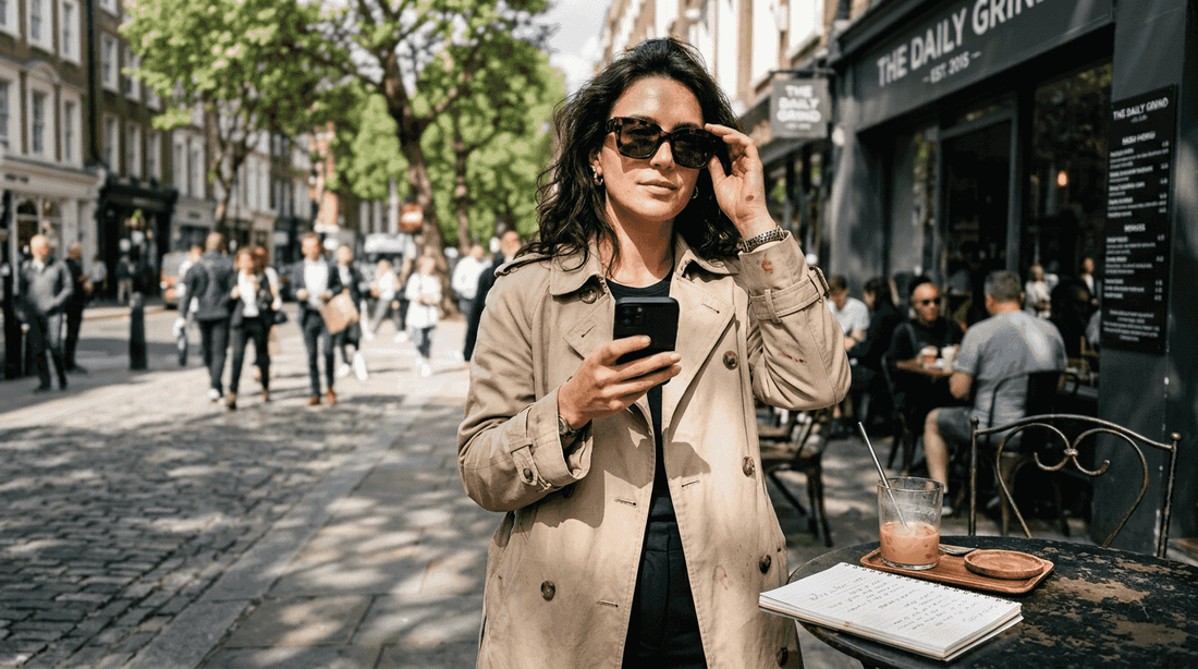 Woman wearing oversized sunglasses sidewalk scene