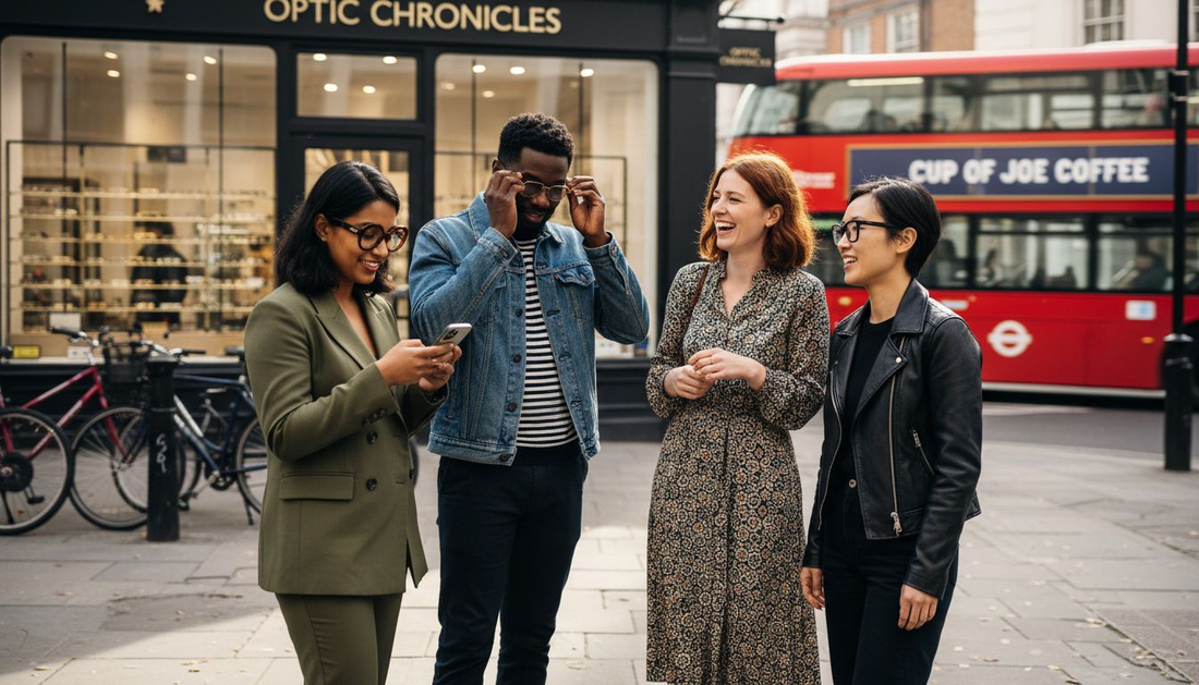 Group of adults wearing stylish 2026 glasses on city street