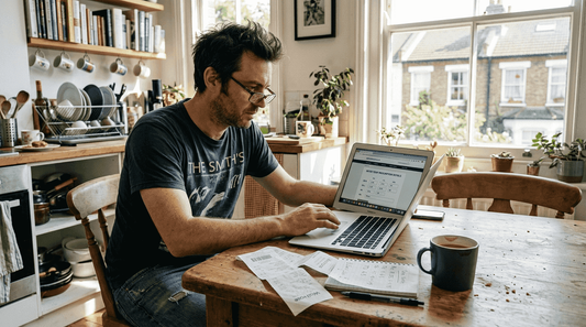 Man entering glasses prescription on laptop in kitchen