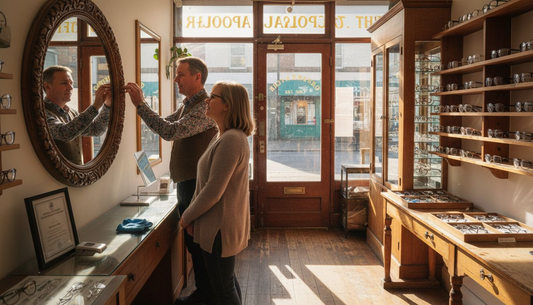Optician adjusting eyeglasses in sunlit shop