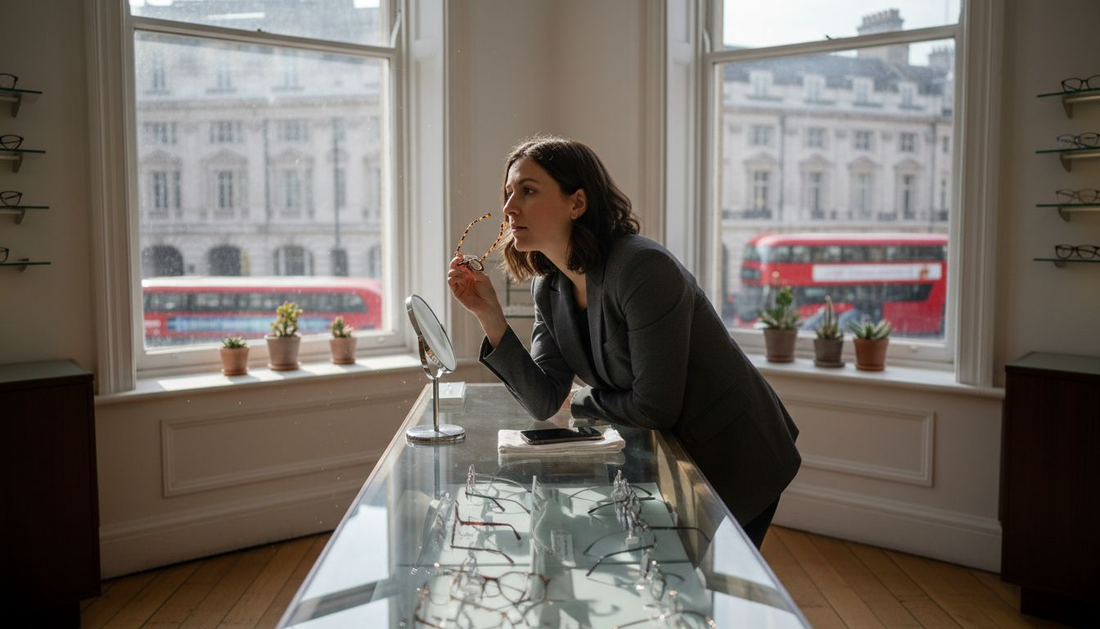 Woman exploring glasses frames at display