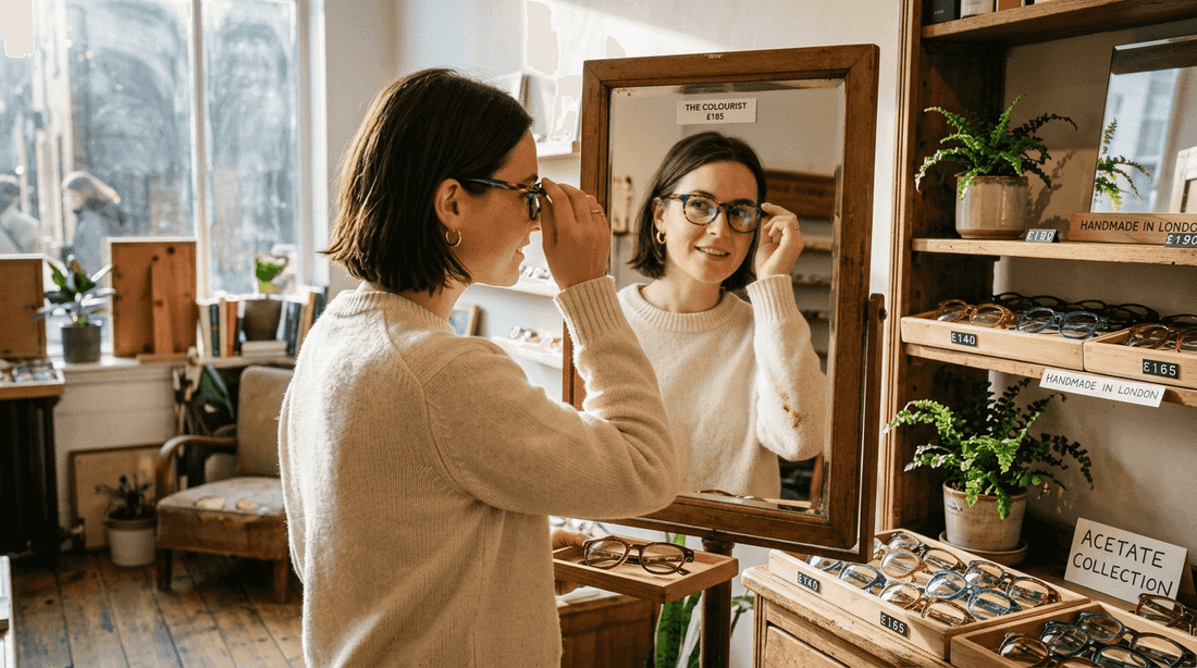 Woman trying on premium acetate eyewear