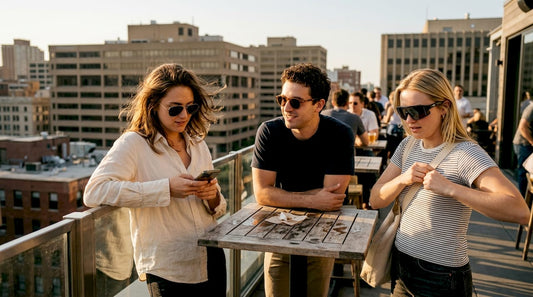 Three people display trending sunglass styles 2026