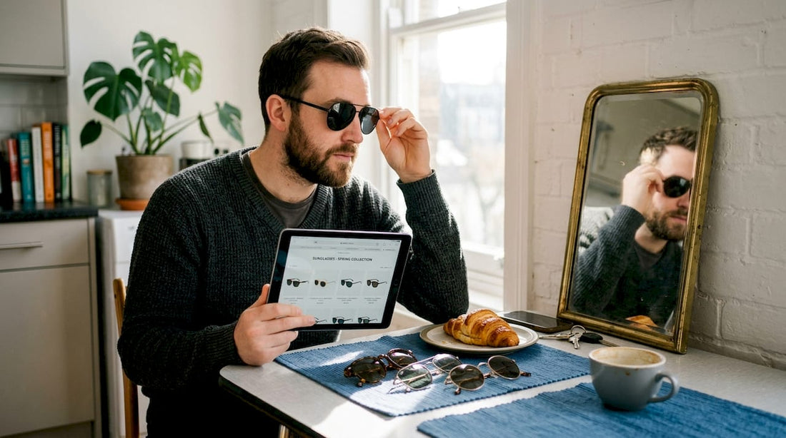 Man trying on sunglasses at kitchen table