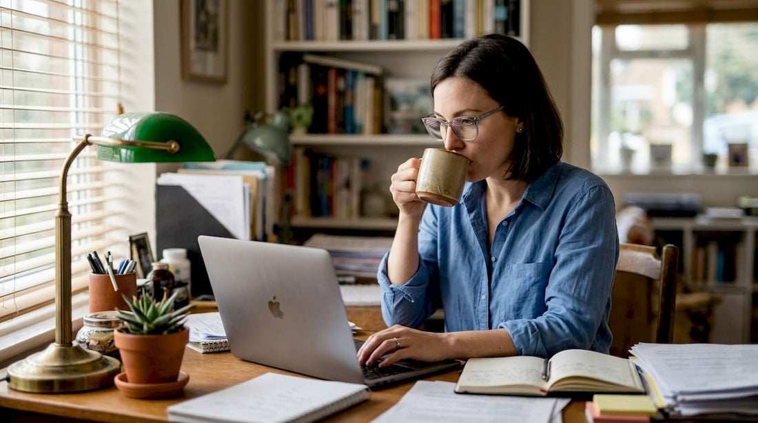 Woman wearing designer glasses typing at desk