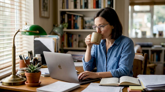 Woman wearing designer glasses typing at desk