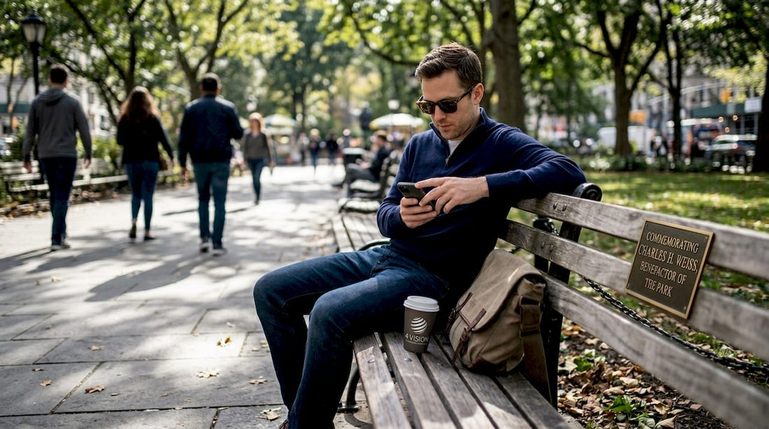 Man wearing sunglasses sitting on city park bench