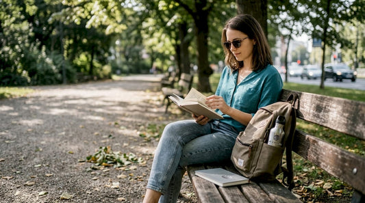 Woman reading in park wearing sunglasses