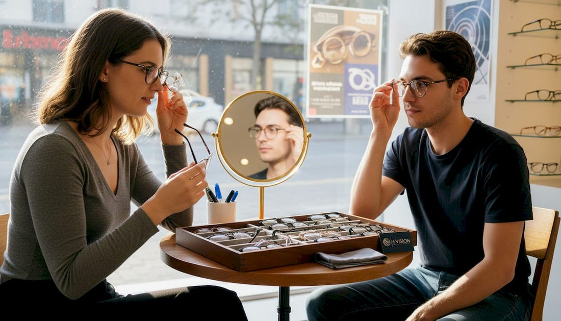 Man and woman trying unisex eyeglass frames