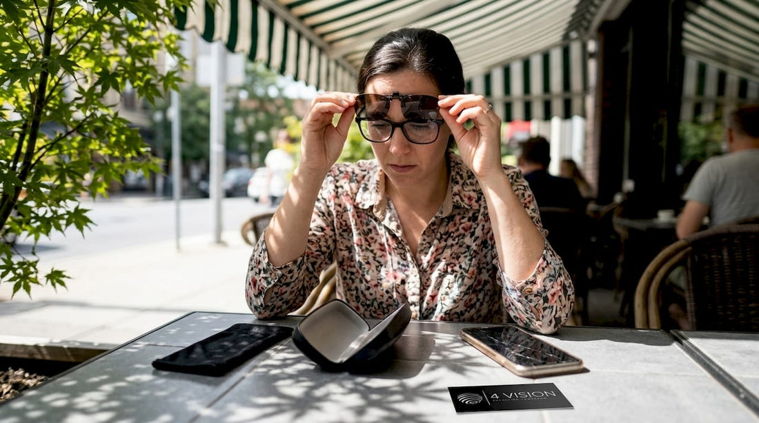 Woman using glasses accessories at café
