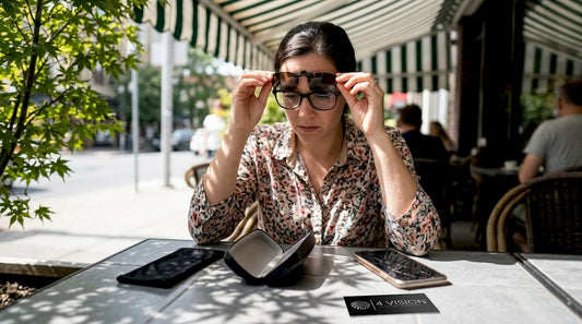Woman using glasses accessories at café