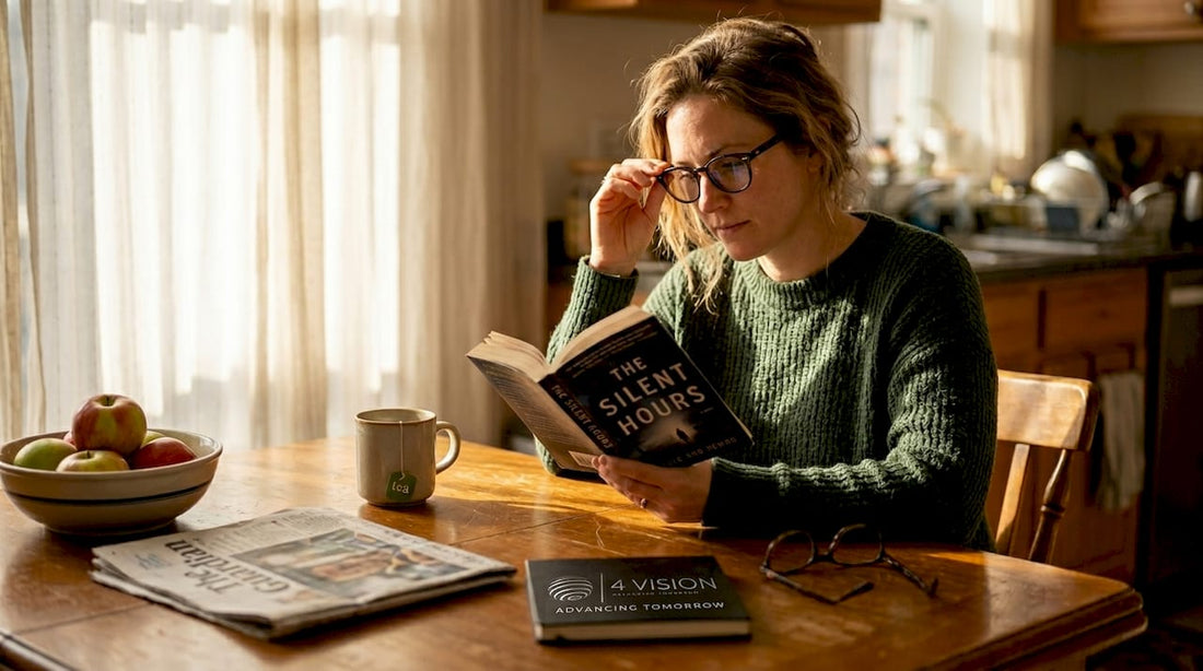 Woman reading with stylish acetate eyeglasses