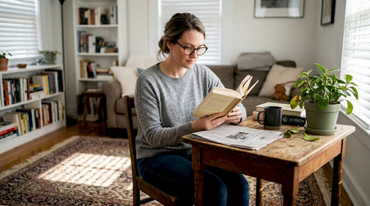 Woman reading with stylish glasses in living room