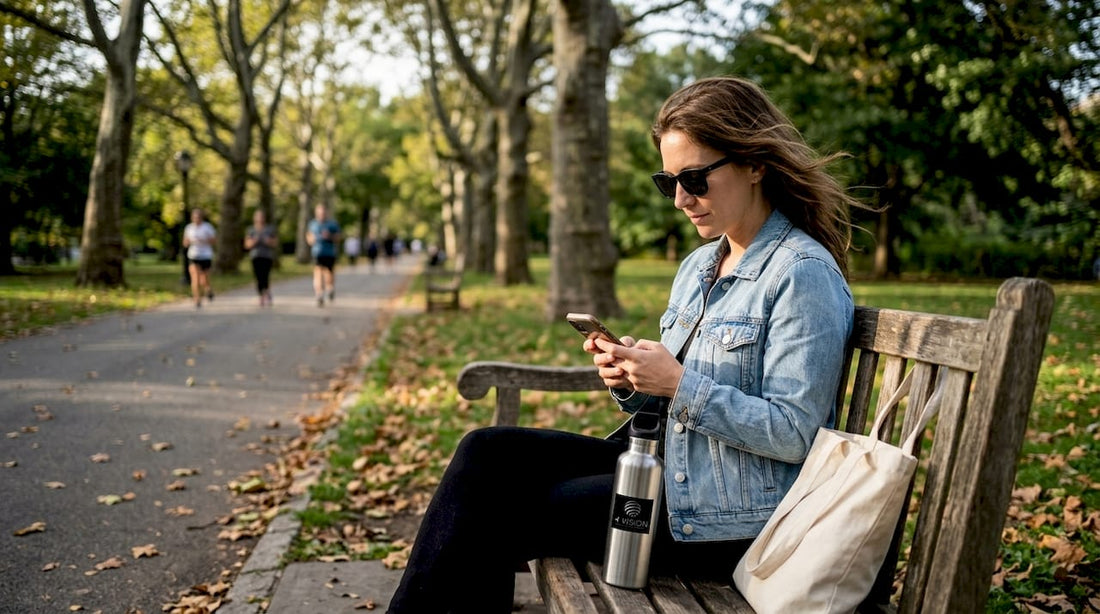 Woman outdoors wearing UV400 sunglasses on park bench