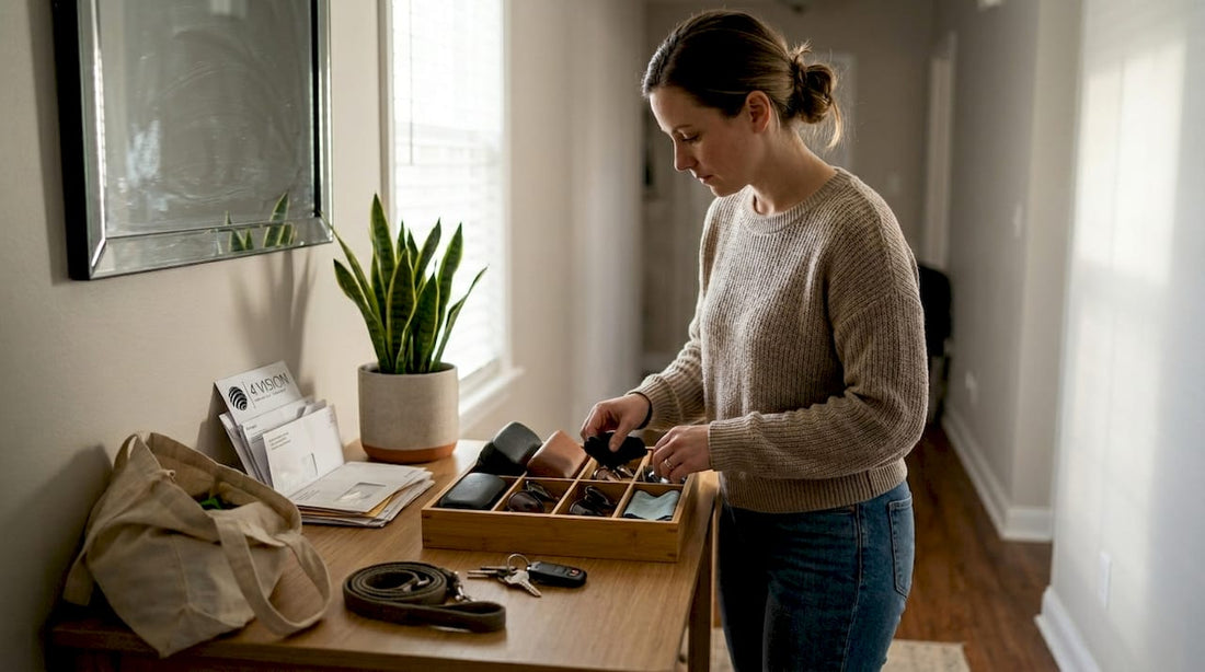 Woman sorting eyewear accessories at home entry