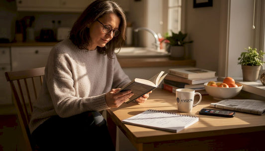 Woman reading with glasses at kitchen table