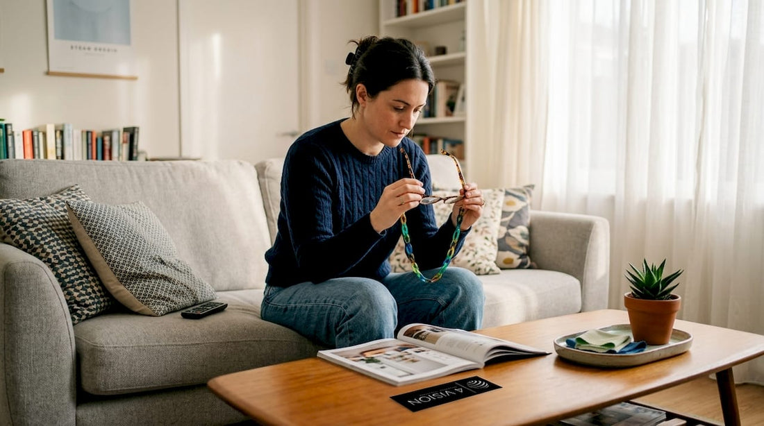 Woman attaching acetate chain to reading glasses