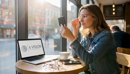 Woman testing custom eyeglasses in cafe setting