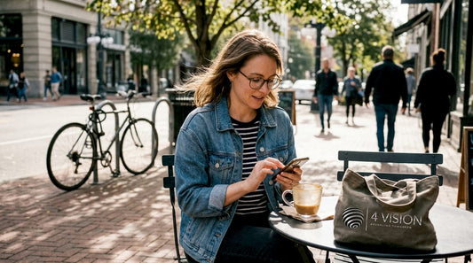 Woman wearing glasses at urban café table