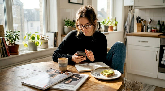 Woman browsing eyewear trends on phone