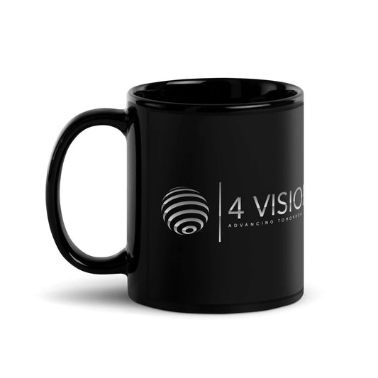 4 Vision Signature Ceramic Mug in black showcasing sleek design and logo, ideal for eyewear and fashion accessories.