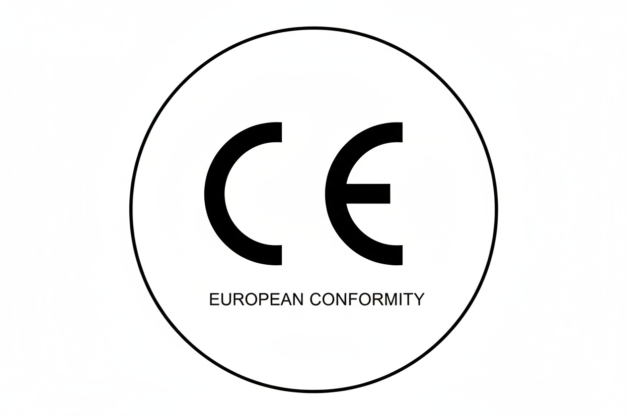 CE mark for European Conformity certification in a circular design.