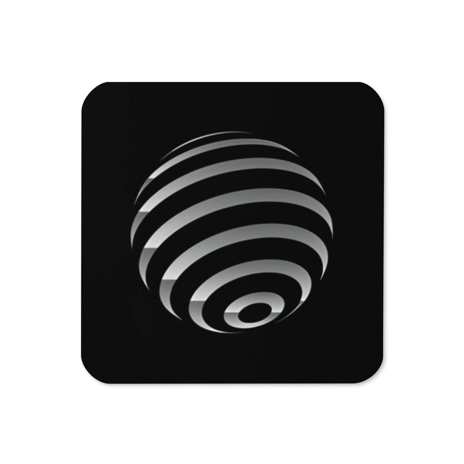 4 Vision Cork-Back Coaster featuring a sleek design with a striped sphere pattern, perfect for coffee or tea rituals.