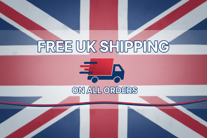 Free UK shipping on all orders graphic featuring UK flag and delivery truck illustration.