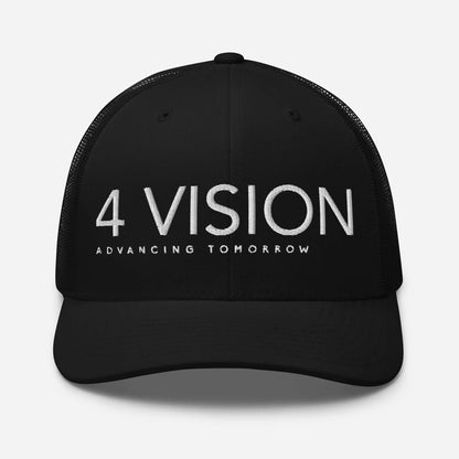 4 Vision Classic Mesh Trucker Cap – Six-Panel Adjustable Hat in black with white logo, a stylish fashion accessory.