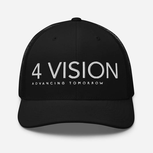 4 Vision Classic Mesh Trucker Cap – Six-Panel Adjustable Hat in black with white logo, a stylish fashion accessory.