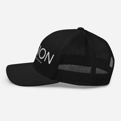 4 Vision Classic Mesh Trucker Cap – Six-Panel Adjustable Hat side view with mesh back, black design, and structured six-panel style.