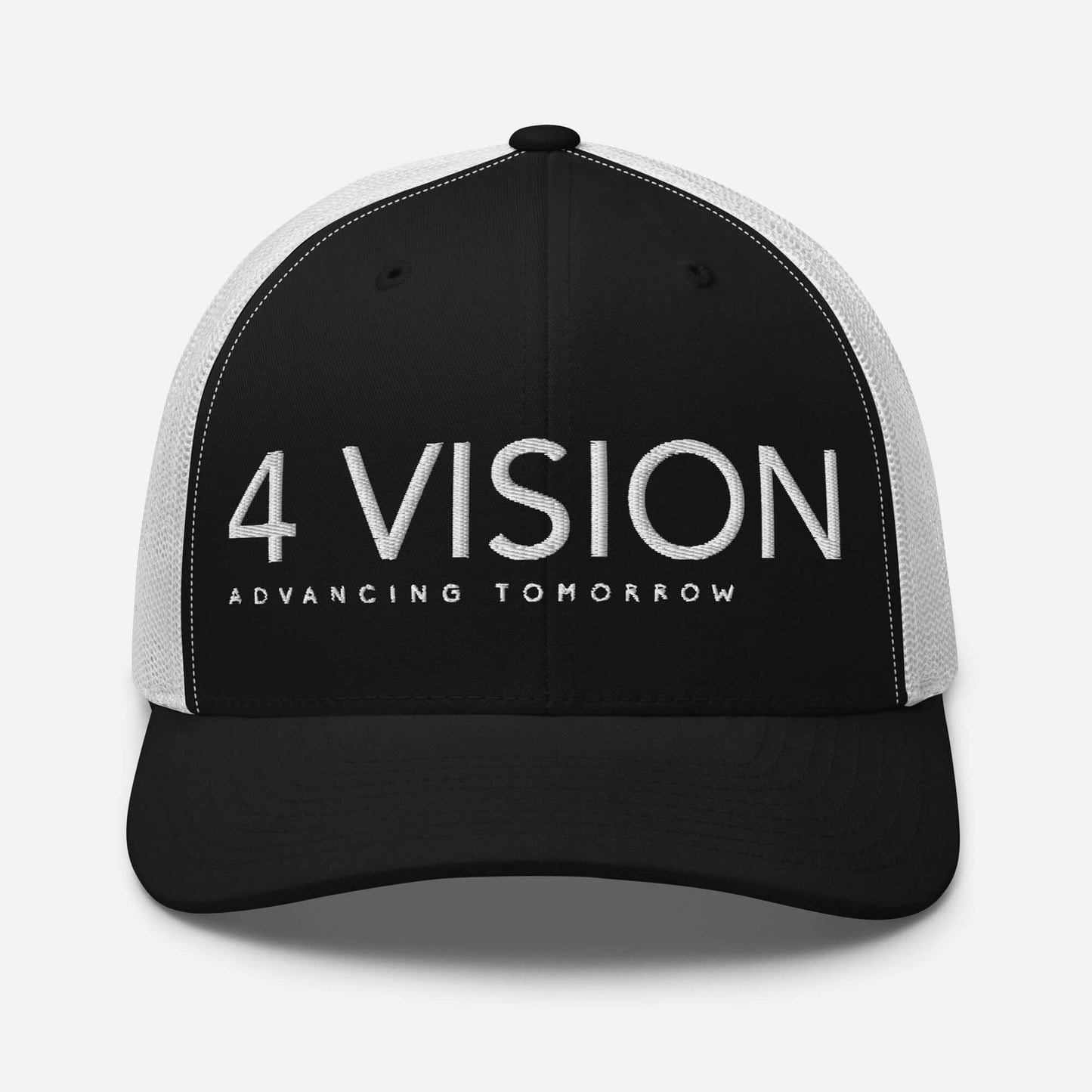 4 Vision Classic Mesh Trucker Cap – Six-Panel Adjustable Hat in black and white with a structured design.