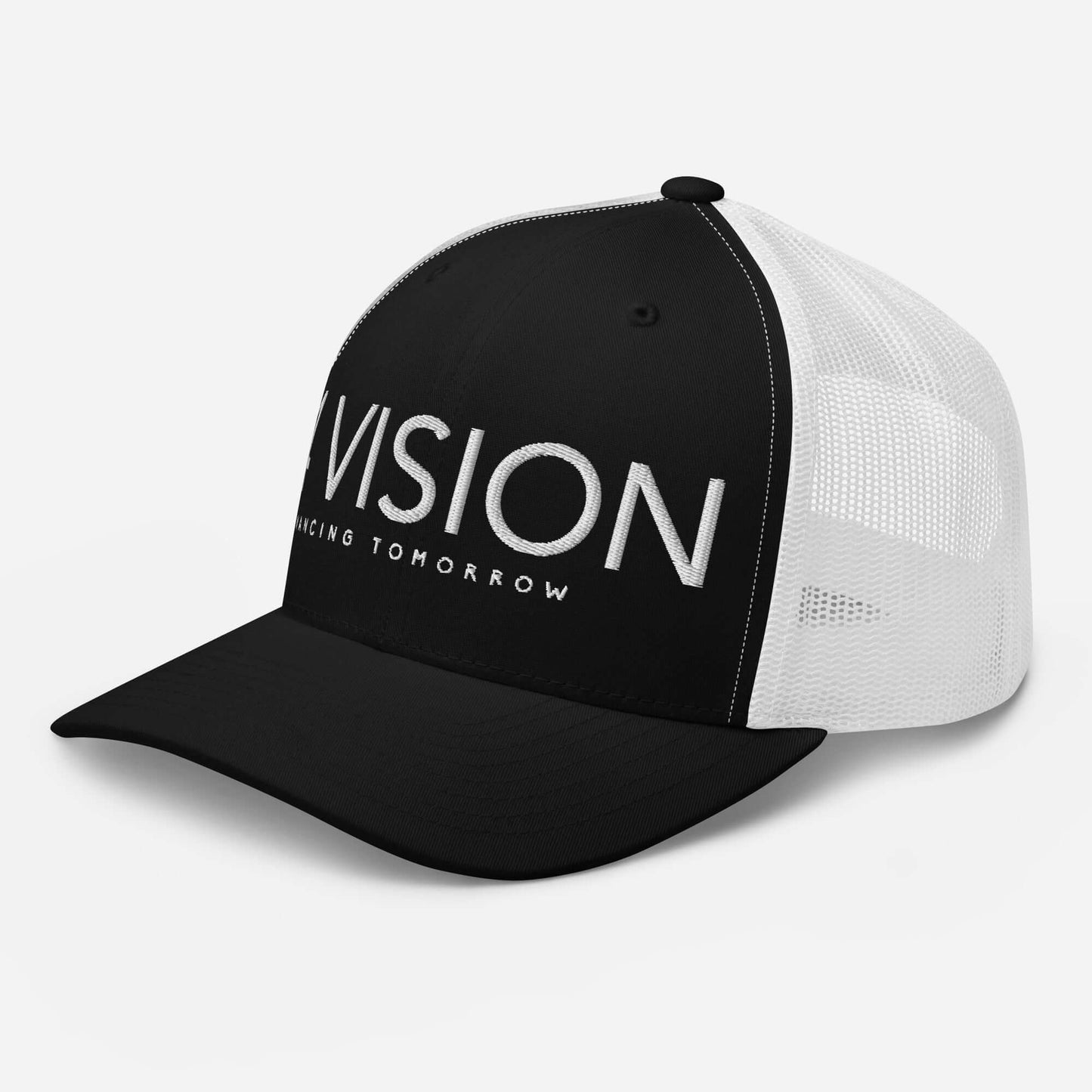 4 Vision Classic Mesh Trucker Cap – Six-Panel Adjustable Hat in black and white with protruding front logo.