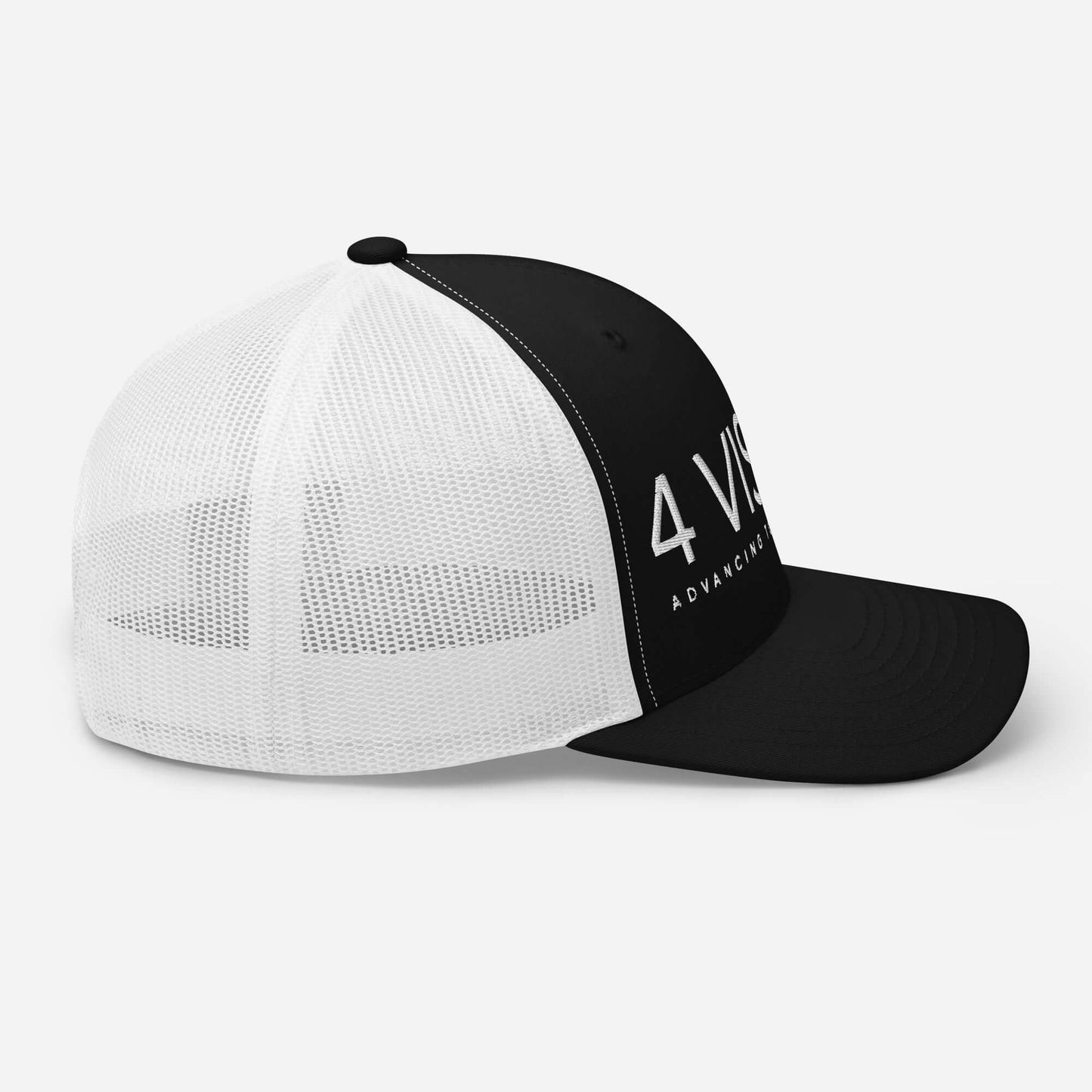 4 Vision Classic Mesh Trucker Cap – Six-Panel Adjustable Hat side view showcasing black front and white mesh back.