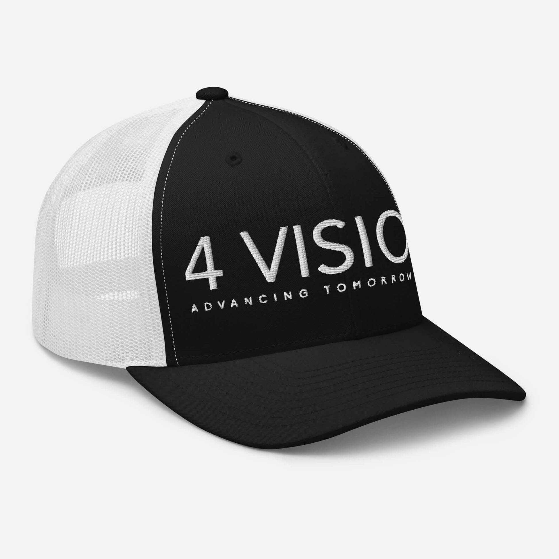 4 Vision Classic Mesh Trucker Cap – Six-Panel Adjustable Hat displayed from the side, featuring a black front and white mesh back.